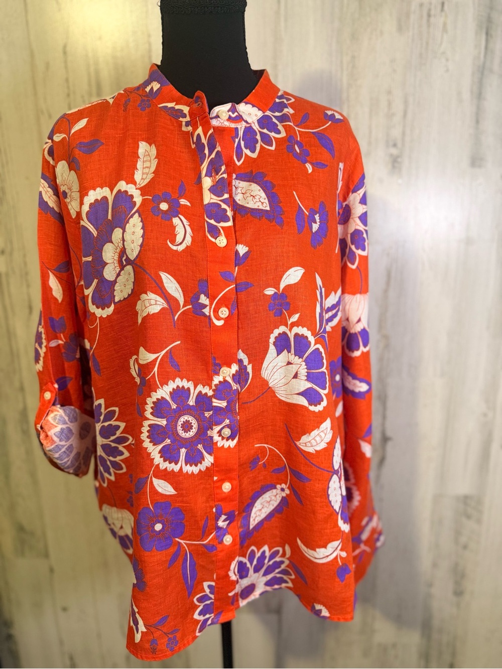 NWT Ann Taylor Orange Purple Floral 100% Linen Button Down Shirt Blouse XL